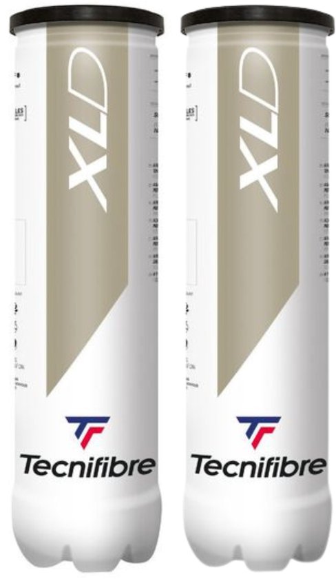 Twee kokers Tecnifibre XLD tennisballen, elk met 4 ballen. Witte kokers met gouden en blauw/rode logo's.