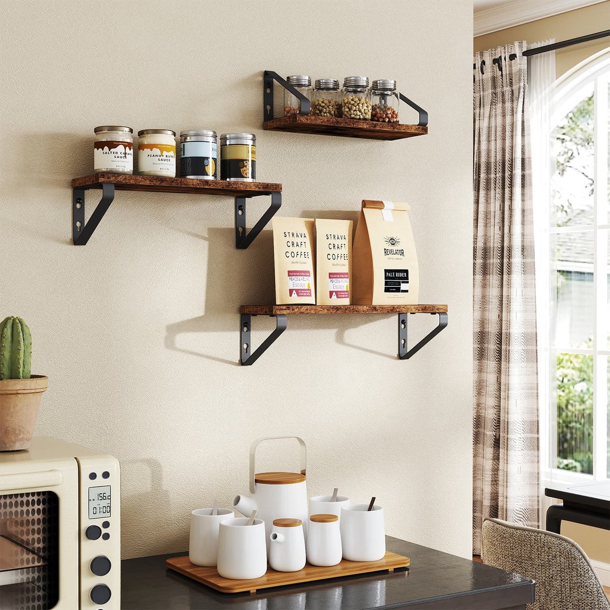 Set van 3 zwevende wandplanken – Hout en metaal – Rustiek bruin en matzwart – Veelzijdige montagemogelijkheden