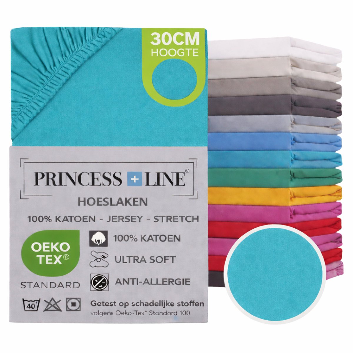 Princess Line- Comfortabel Ultra-Soft-Hoeslaken -100% katoen-Jersey -Stretch -Strijkvrij- Rondom elastiek-Hoekhoogte tot 30cm-2Persoons-140x200 cm-Turquoise