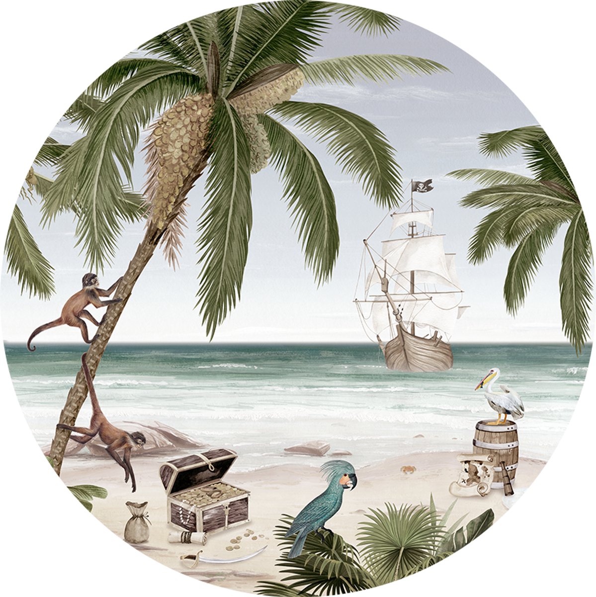Muursticker - Wanddecoratie - kinderkamer - piratenkamer - jongenskamer - ø 100 cm - Pirate Bay - Behangcirkel