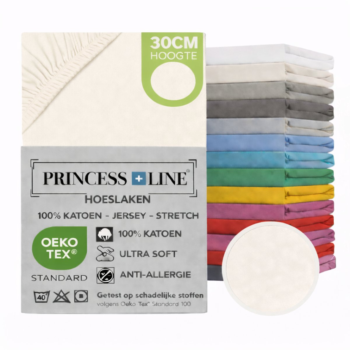 Princess Line- Comfortabel Ultra-Soft-Hoeslaken -100% katoen-Jersey -Stretch -Strijkvrij- Rondom elastiek-Hoekhoogte tot 30cm Eenpersoons -80x200-Crème