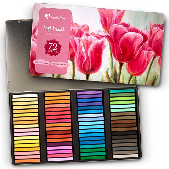 Open metalen blik met 72 vakjes zachte pastels in regenboogkleuren. Deksel toont roze tulpen, 'Soft Pastel' en '72 COLORS'.