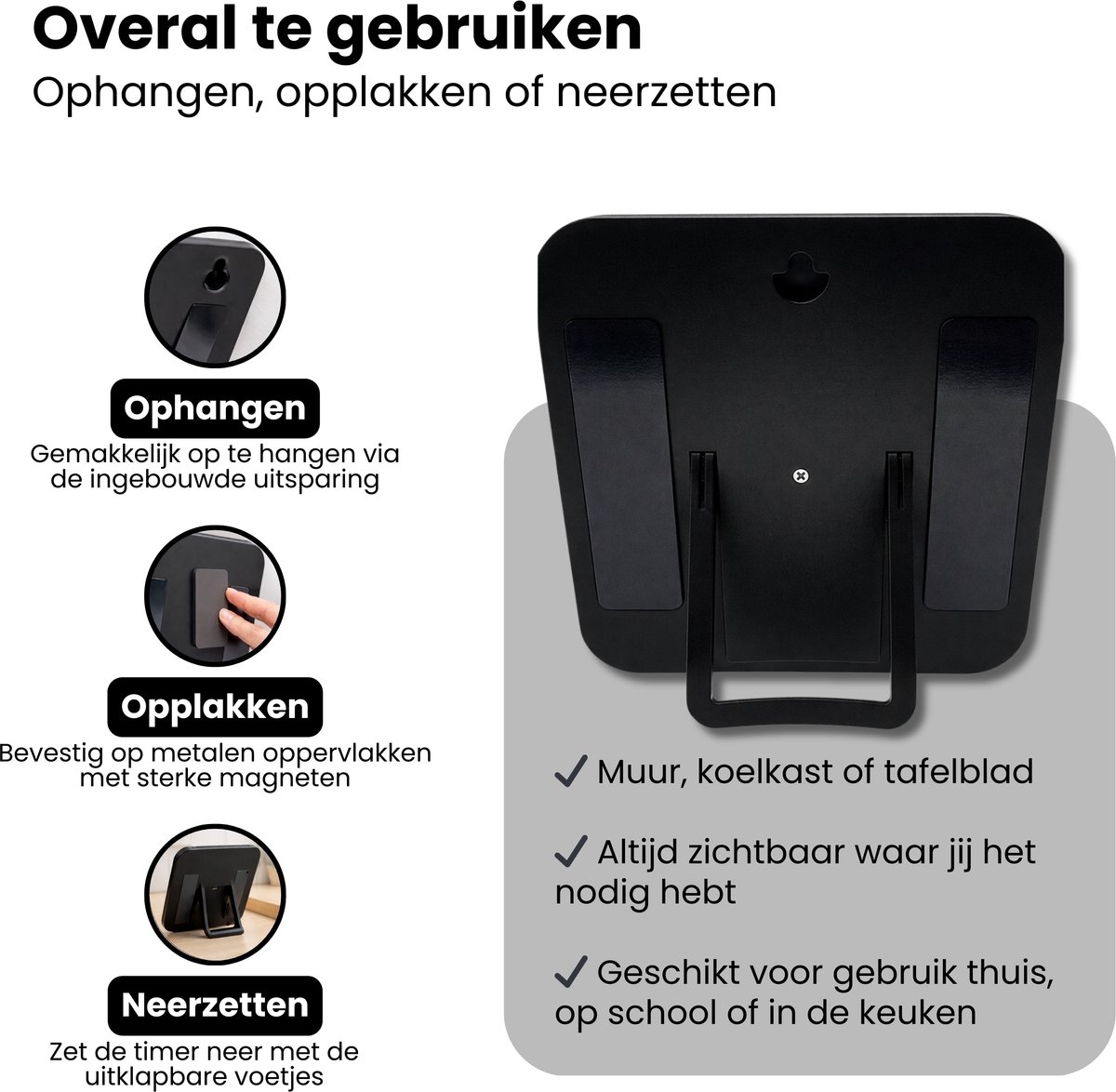 Leerklok Zwart - 19cm x19 cm - Aftelklok - Kookwekker Analoog - Leer Klok kijken — afbeelding 4