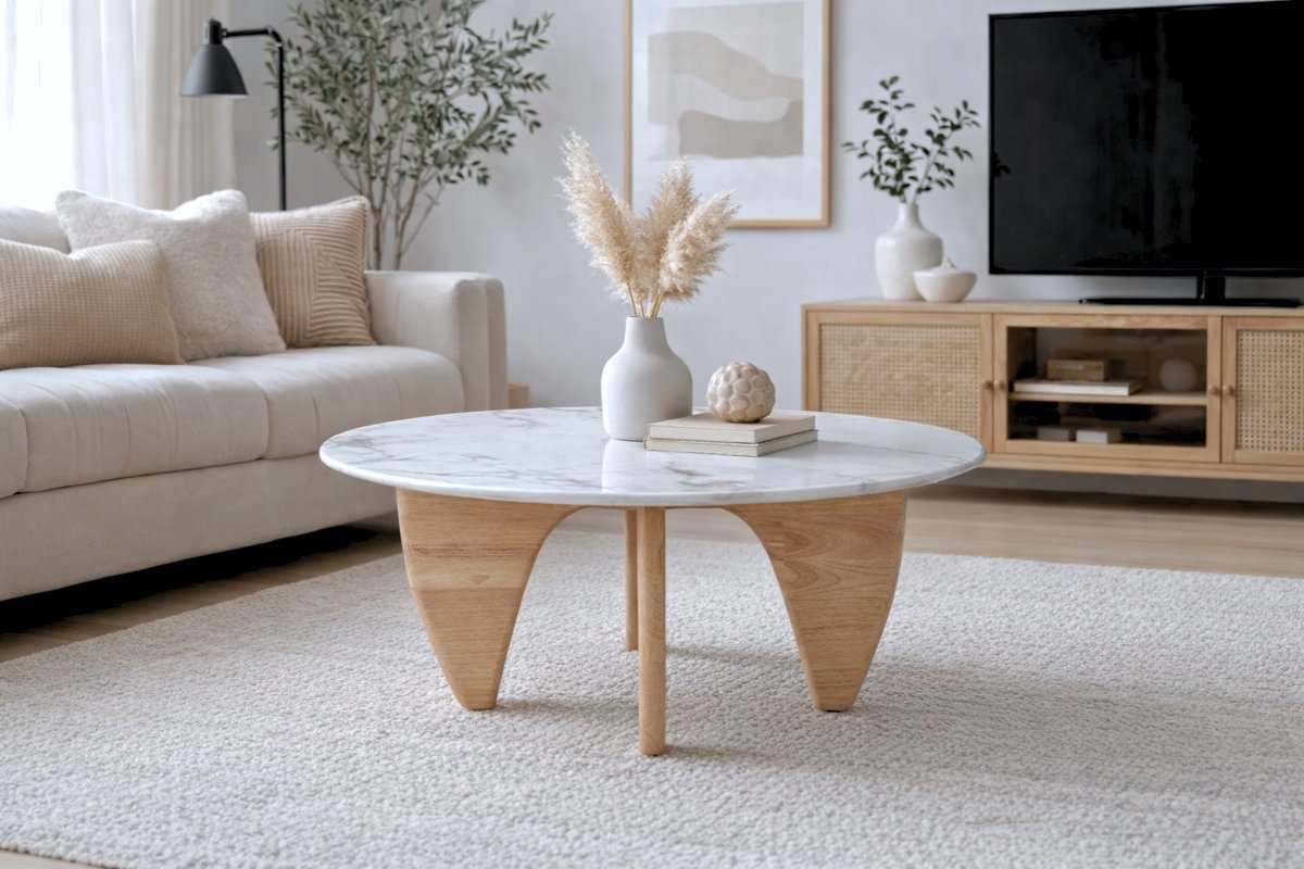 Salontafel Marmer - Eiken Hout - Marmer Glas Rond - Tafel - Coffee table - Koffietafel