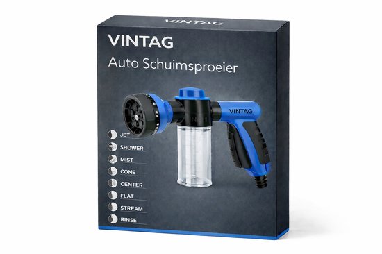Verpakking van Vintag Auto Schuimsproeier met afbeelding van de sproeier en de instellingen.