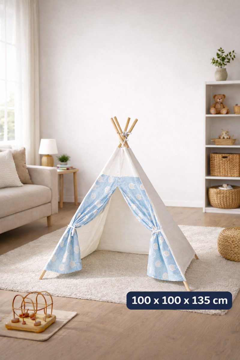 Lichtgewicht Tipi Tent – Wigwam tent voor Binnen – Decoratie voor de kinderkamer - Speeltent Blauw/Wit - 100x100x135 cm