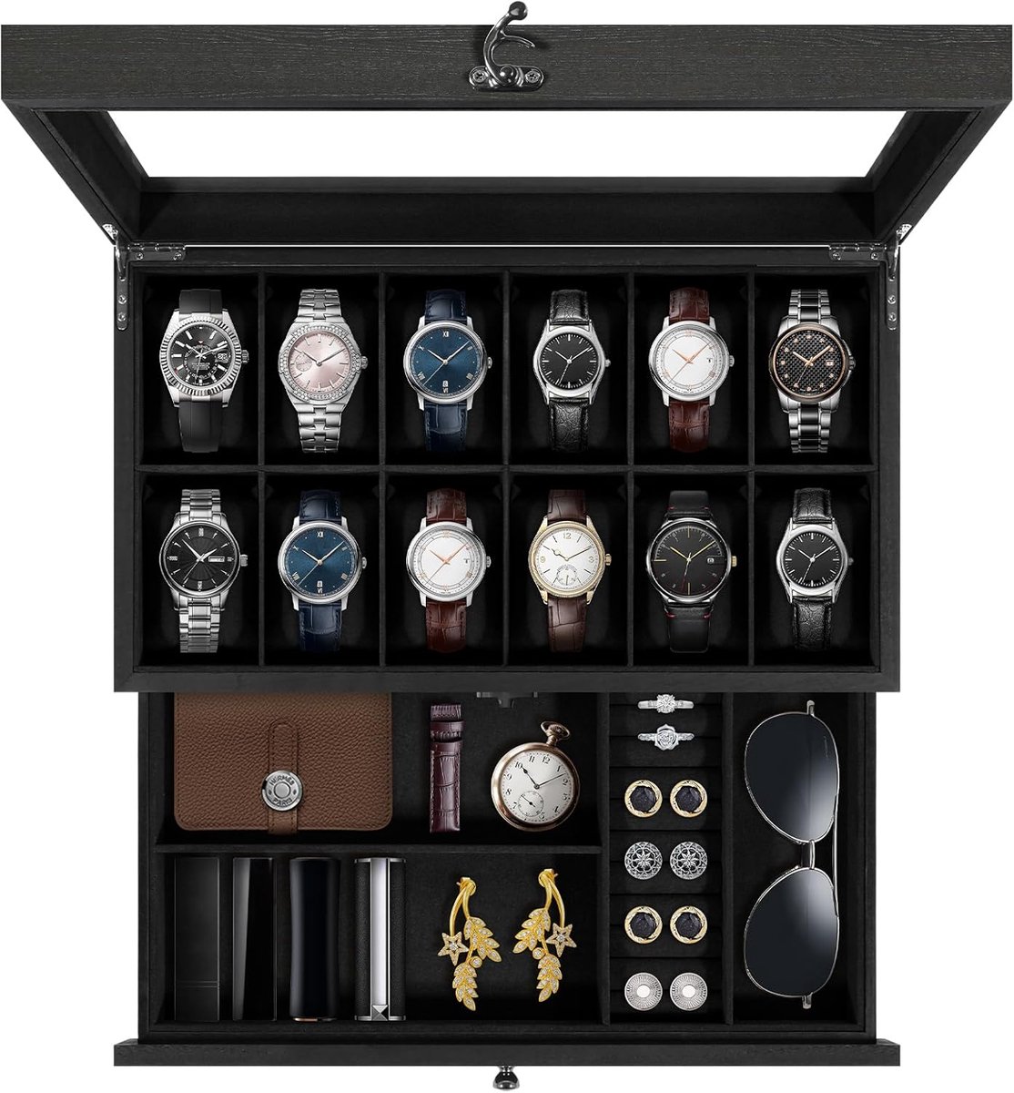Uten 2 Niveaus Houten Horloge Doos - Horlogebox - Geschikt voor 12 Horloges - Sieradendoos - Brillendoos - Zwart