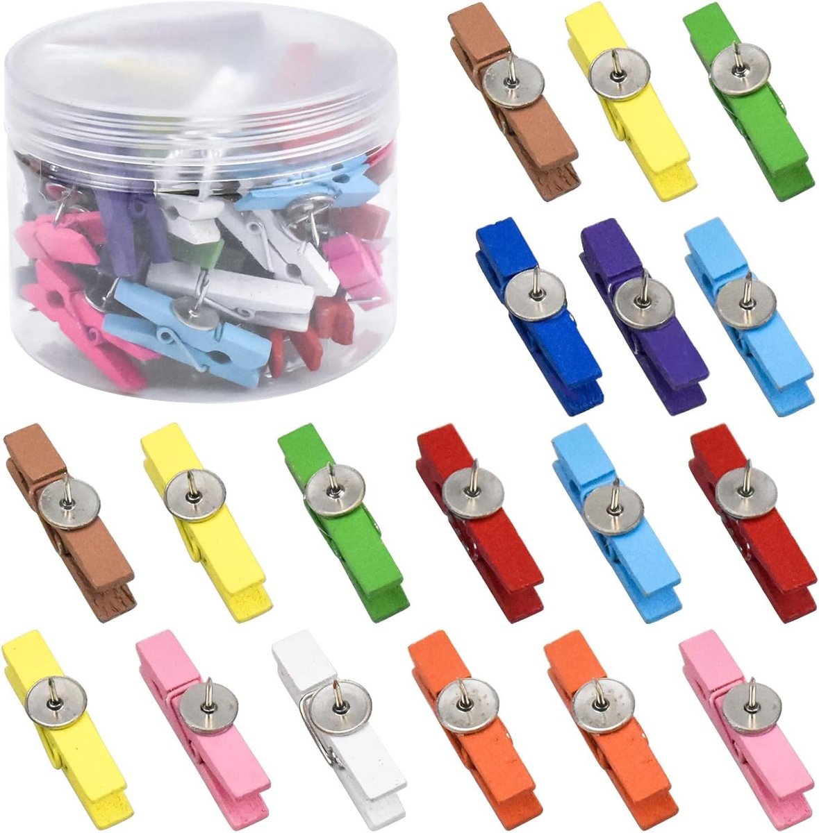 50 stuks kleurrijke push-pin clips met houten klemmen voor kurkborden, prikborden en muurdecoratie
