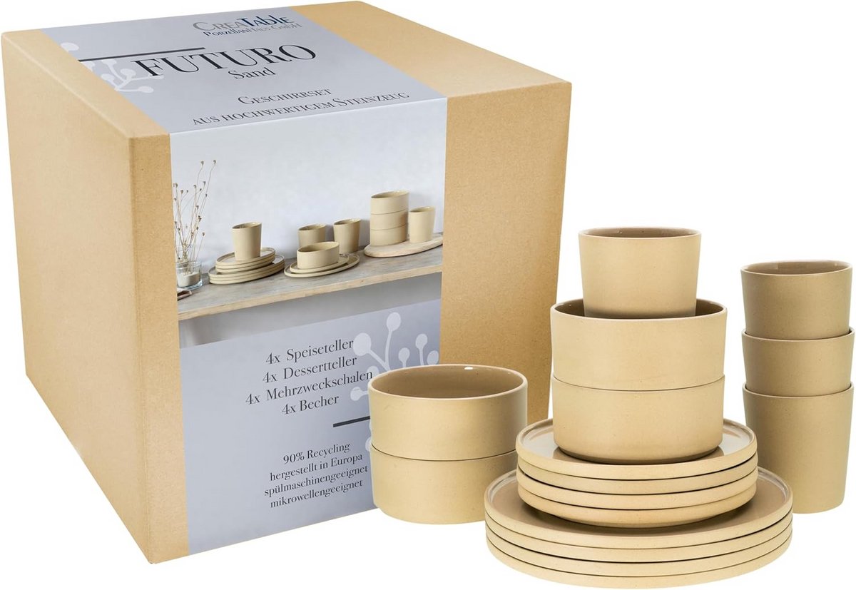 16-delig Aardewerk Servies Set Zandkleur - Vaatwasser & Magnetronbestendig