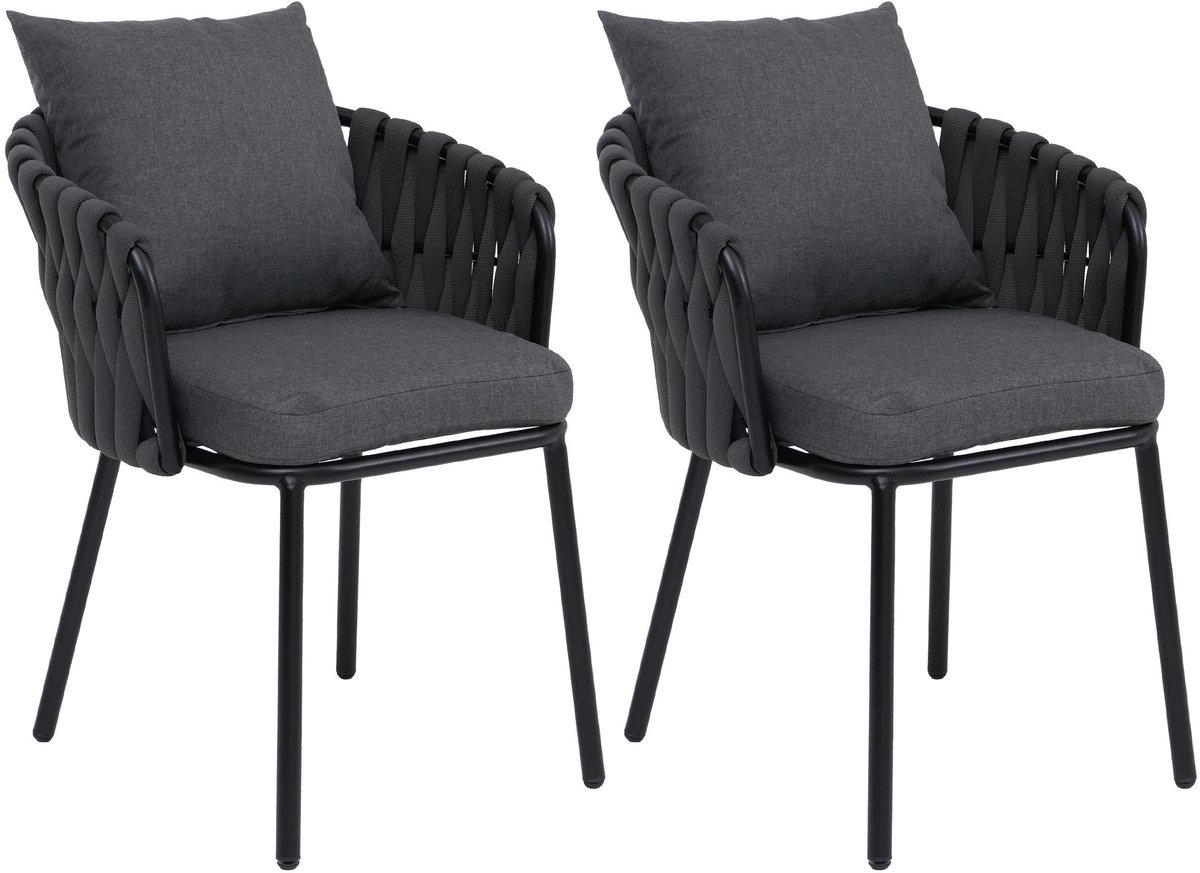 Set van 2 aluminium eetkamerstoelen MCW-P89, binnenstoel met armleuningen, stof/textiel (180 g/m²) touwvlechtwerk ~ antraciet