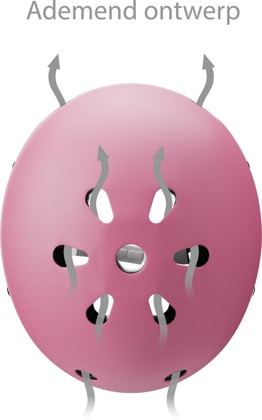 Roze kinderhelm met ventilatiegaten, Liefjes & Co logo en verstelbaarheidsindicatie.