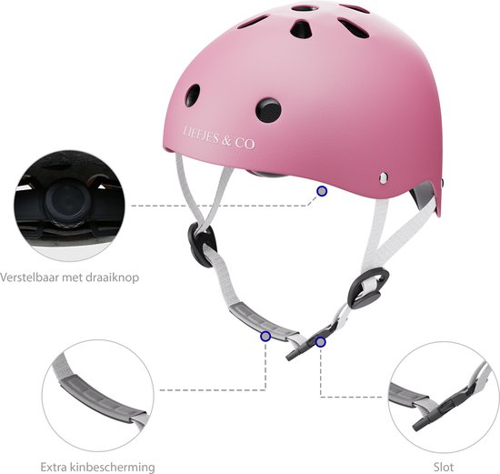 Roze kinderhelm met verstelbare banden, extra kinbescherming en sluiting.