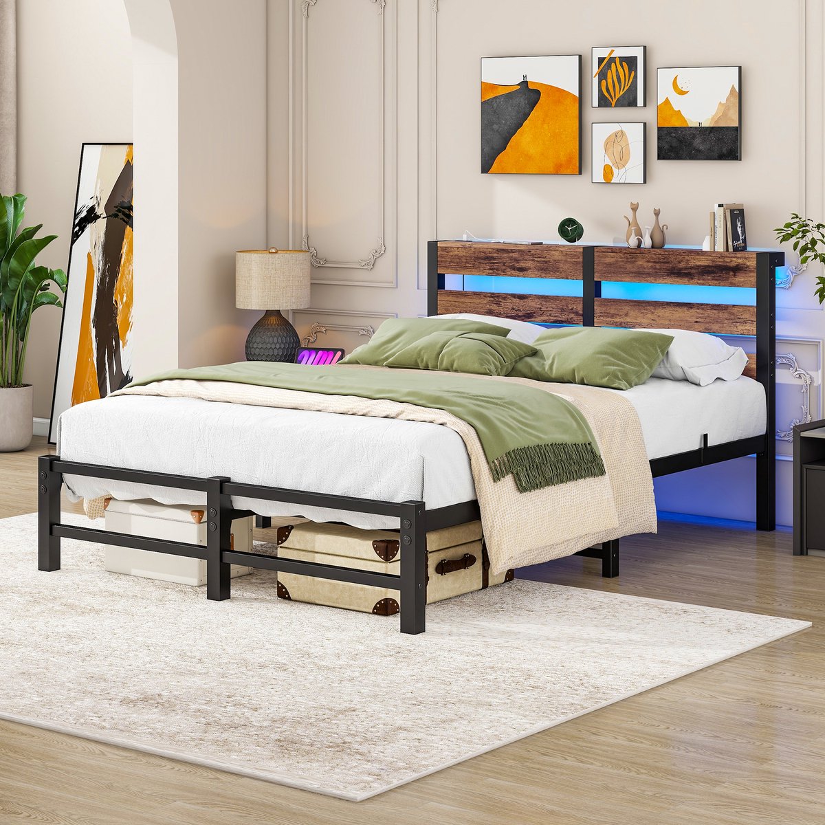 Wishdor Metalen Bedframe 120x200 cm – RGB LED via App – Hoofdbord met Legplank en USB – Me