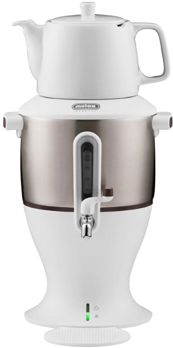 Mulex | MX021 Samovar | Wit - Turkse Theemachine - 3.0 + 1.1 liter - Rvs - Led-indicator - 1800 W - Porselein theekan
