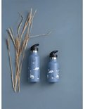 Twee blauwe Fresk drinkflessen met dinosaurusprint, naast gedroogde grassprieten.