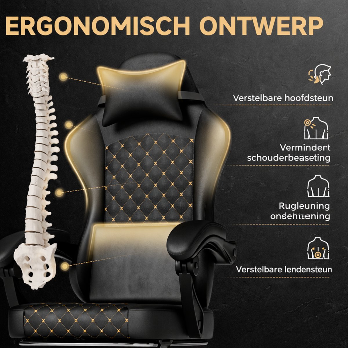 Gamingstoel Ergonomisch met Massage en Voetsteun - Zwart - afbeelding 3