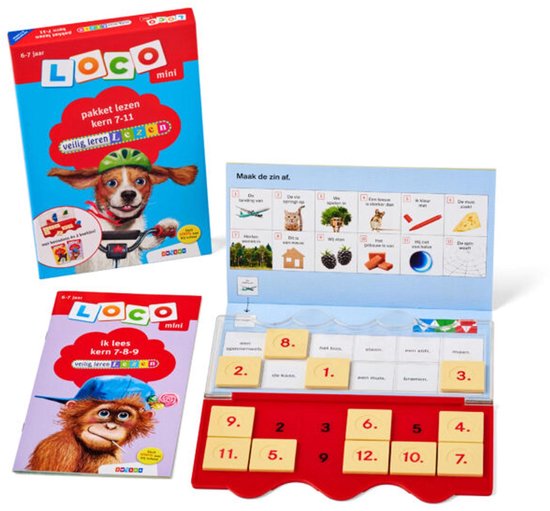 DOOS, deksel op de doos, mini loco-spel met kaarten met afbeeldingen en getallen, boekjes met aap en hond.