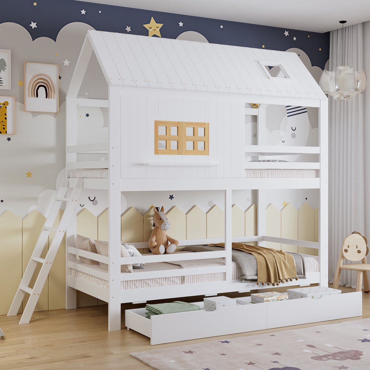Stapelbed - 90x200 - Met Dak En Ramen - 2 Grote Lades - Grenenhout MDF - Wit en Naturel
