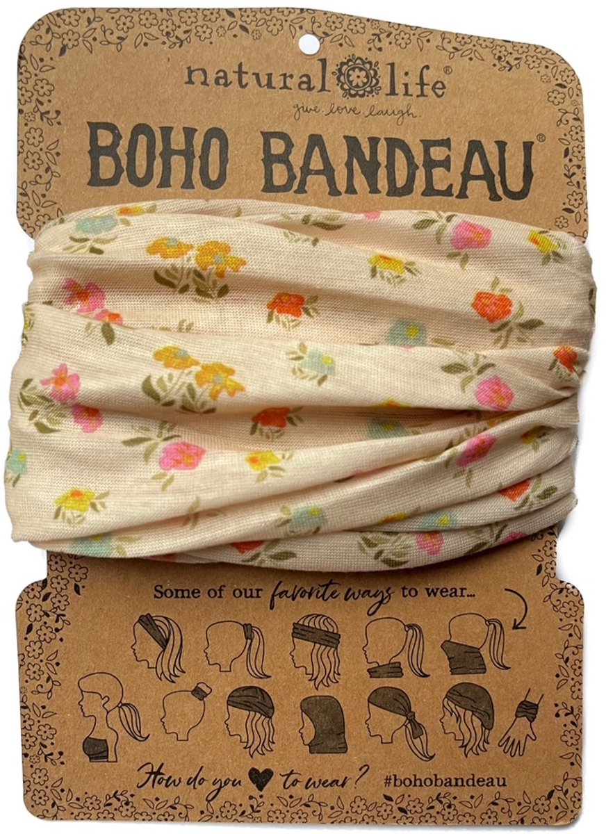 Brede lichte Boho bandeau haarband van Natural Life. Hoofdband, rond sjaaltje met roosjes, pastelkleuren, haarbandje, haarshawl, romantisch, sportband, bandeautopje, kaalheid, zon bescherming, headband