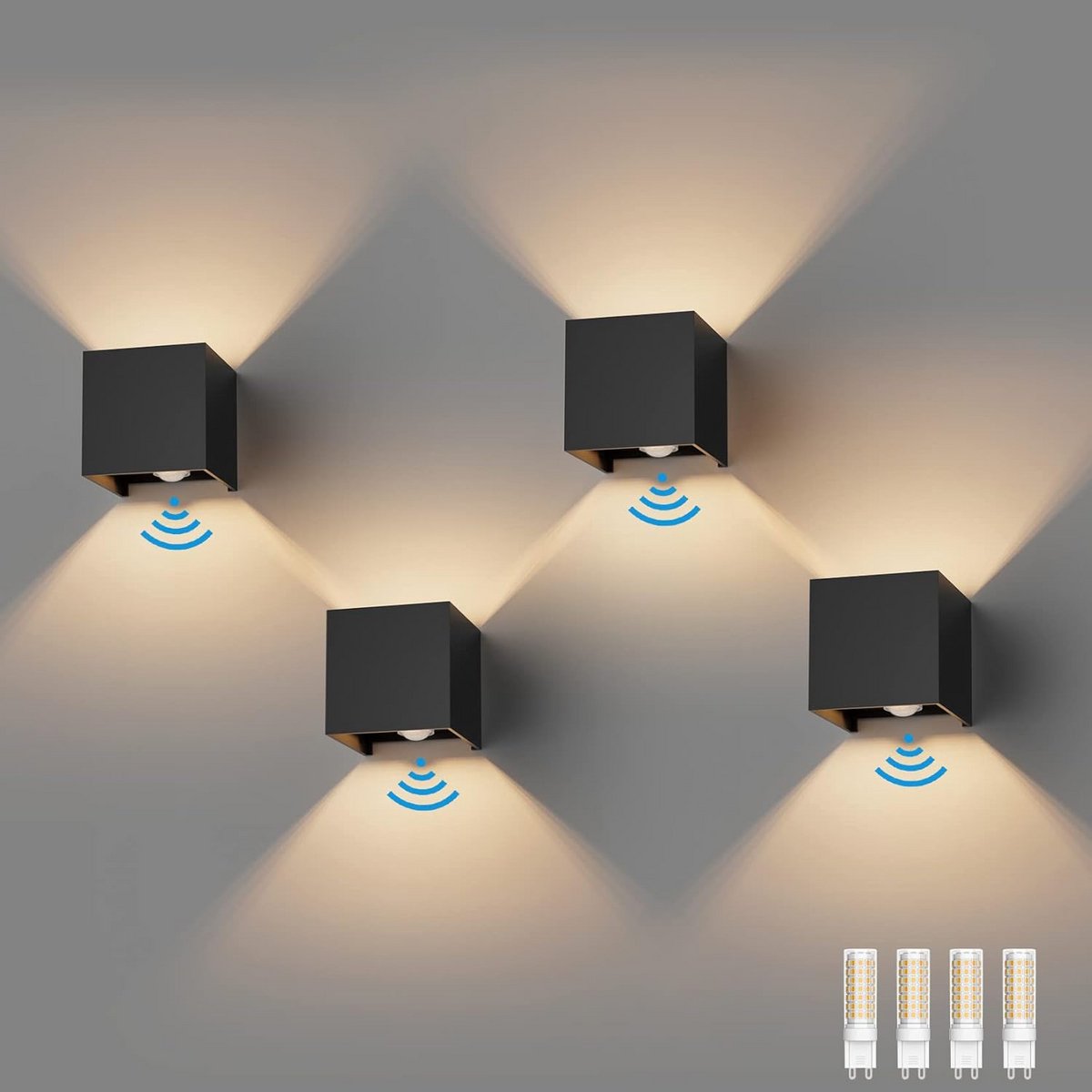 4-Pack LED Buitenlamp met Bewegingssensor - Dimbaar - 3000K Warm Wit Licht - Zwart