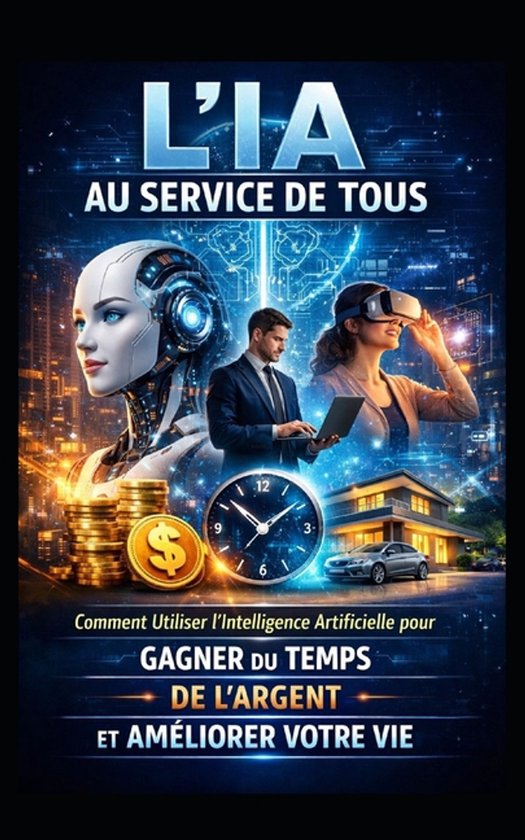 Affiche futuriste avec robot IA, homme d'affaires, utilisatrice VR, horloge et pièces, sur l'IA pour gagner du temps et de l'argent.