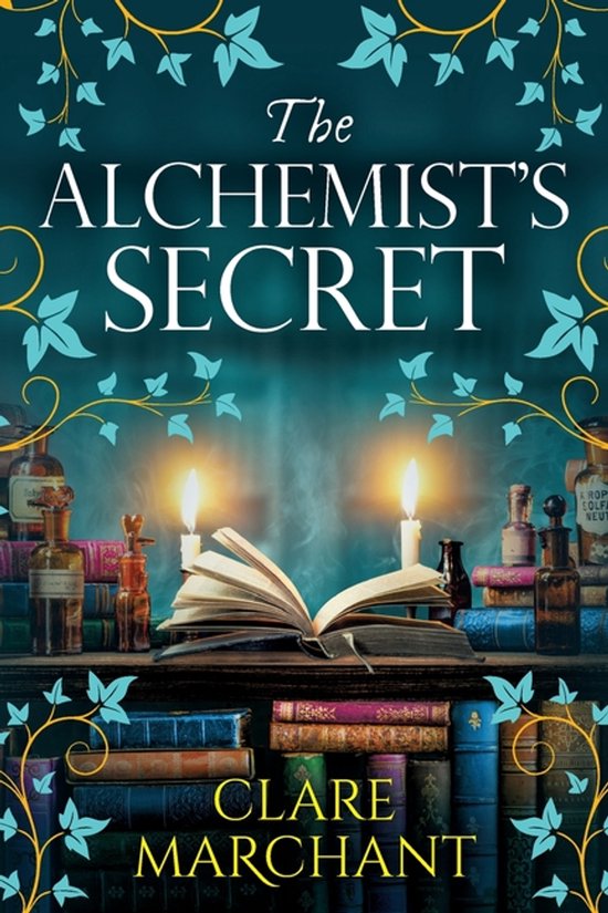 Boekcover van "The Alchemist's Secret" met een open boek, kaarsen, en alchemistische flessen op een plank vol boeken.