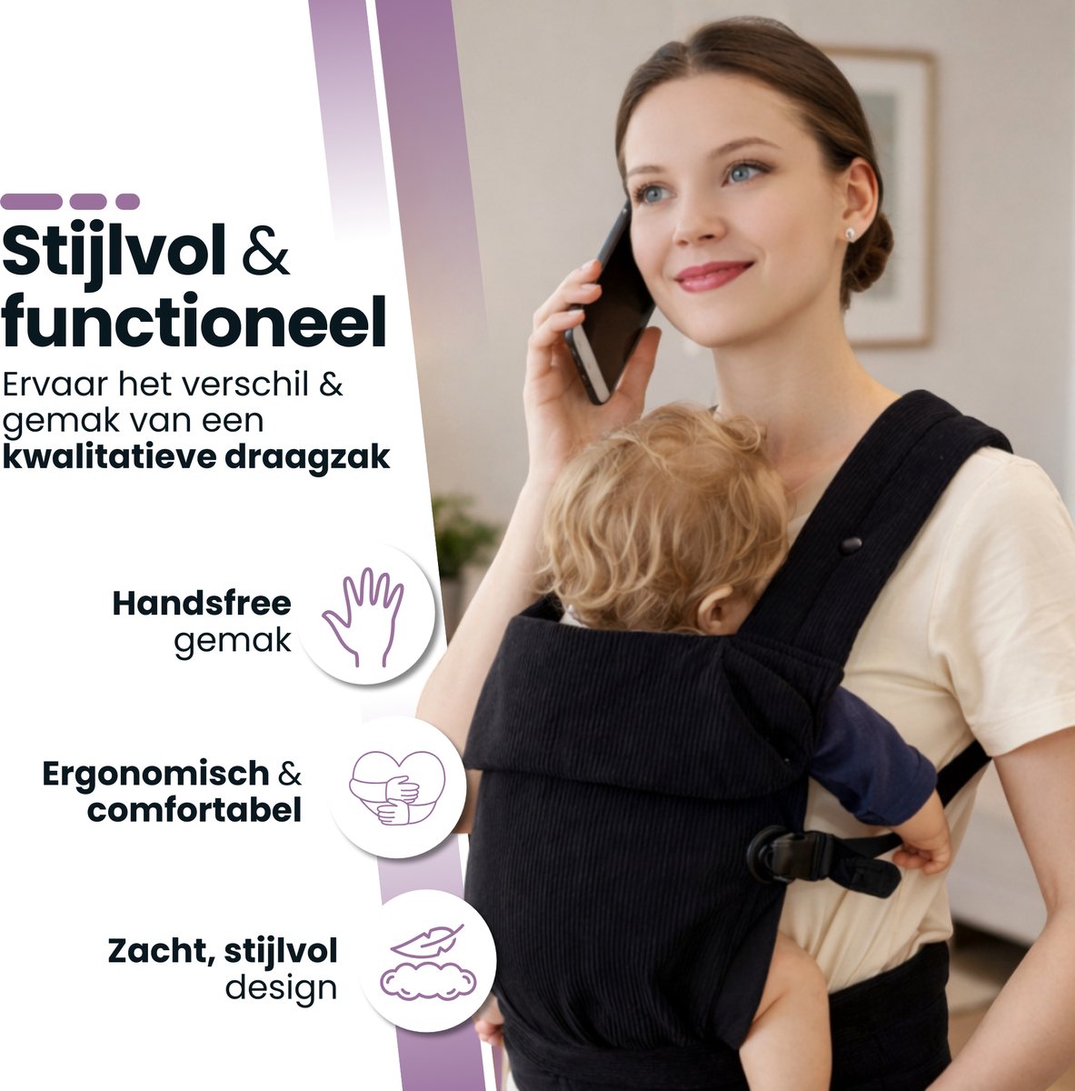Laavir® Baby Draagzak Corduroy - Comfortabele Buikdrager met Verstelbare Band - Voor 0 tot 36 Maanden - Zacht & Ademend - Zwart – foto 5