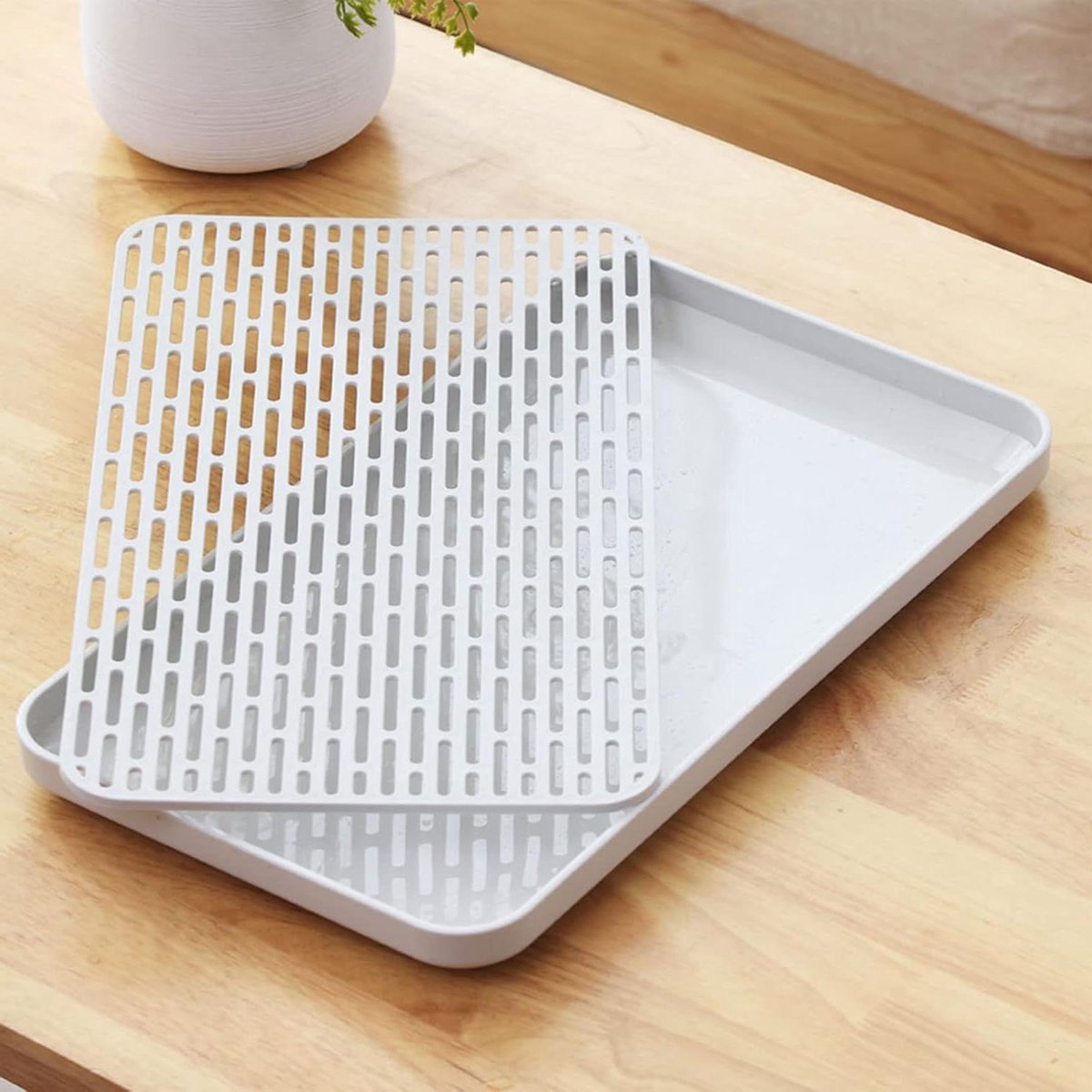 Afdruiprek met lekbak voor gerechten en keukengerei, wit, compact formaat 31x17cm