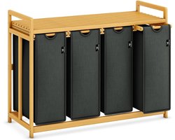 Aurixi® Wassorteerder 4 vakken - Wasmand 4 vakken 200 Liter - Wasmand Met Opbergplank –Grijs - 103cm x 42cm x 77cm