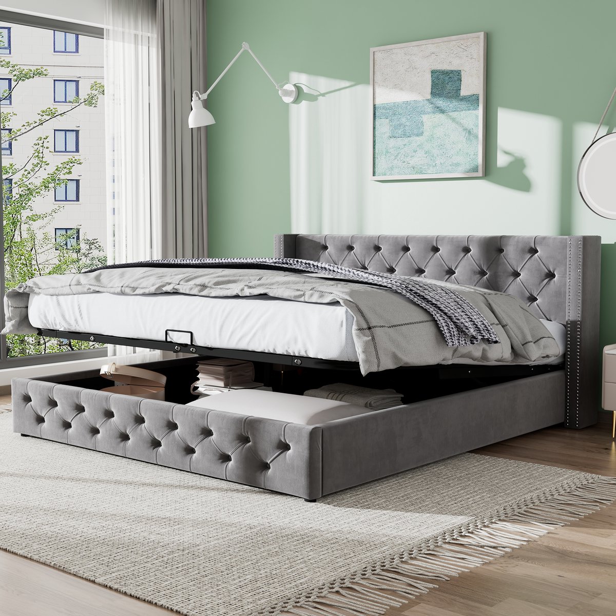 MIVRAY Gestoffeerd Bed 140x200 cm - Zonder Matras Met Hydraulische Opbergruimte En Hoog Hoofdbord - Chesterfield Fluweel - Grijs