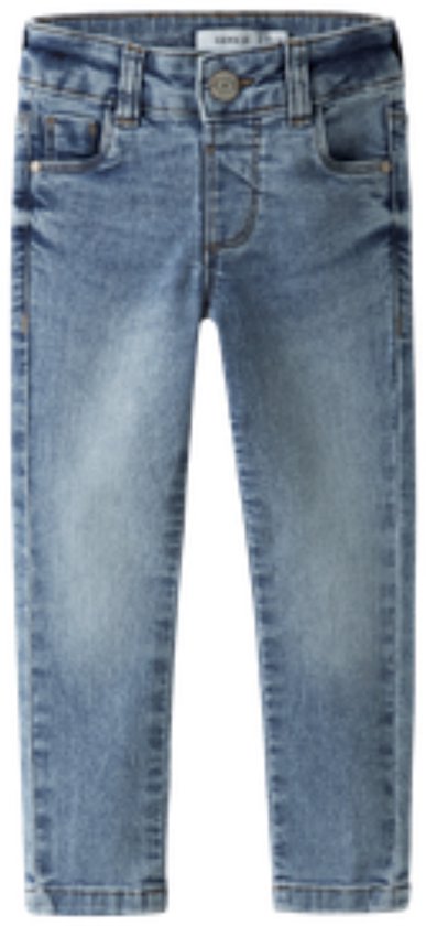 Lichtblauwe skinny jeans met een stonewashed look en knoopsluiting.