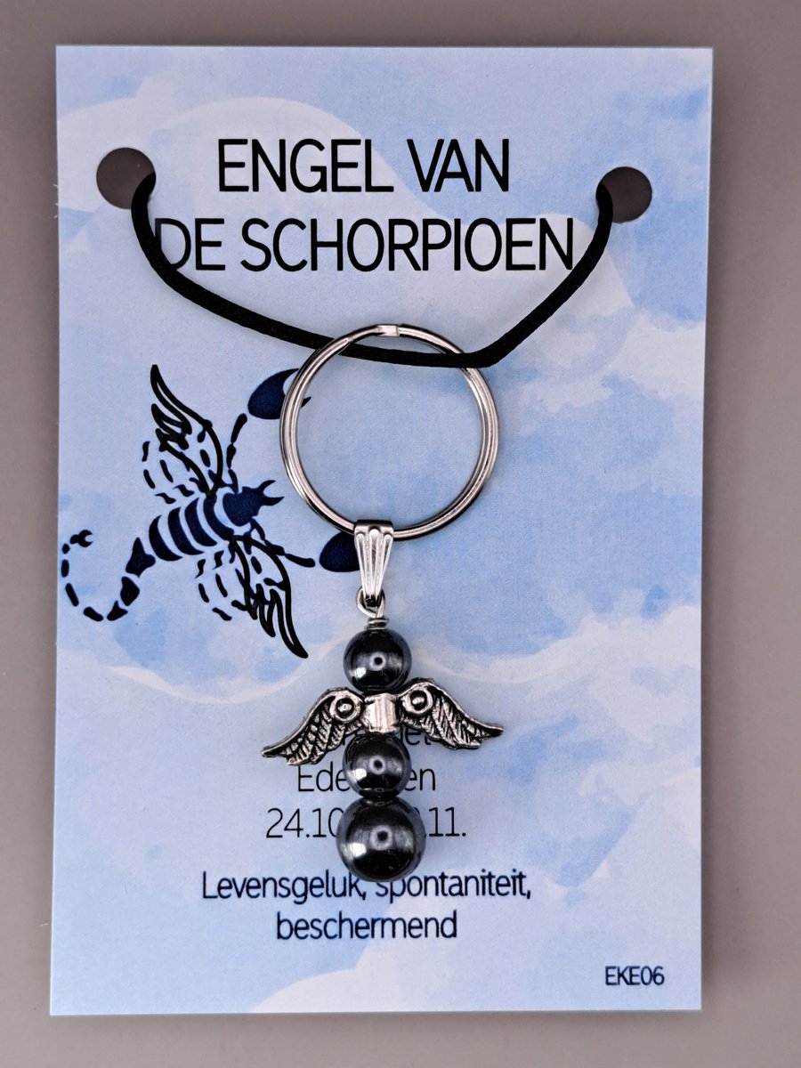 Geluksengel - Sterrenbeeld Schorpioen - Sterrenbeeld hanger - Natuursteen Hematiet - een Engeltje voor jou - Edelsteen Hematiet - Sleutelhanger - Tashanger - Beschermengel - Sterrenbeeld cadeautje
