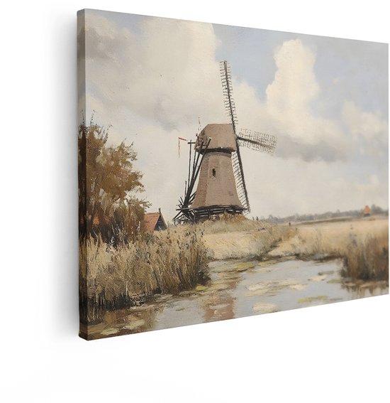 Artaza Canvas Schilderij Landschap Schilderij - 40x30 cm - Wanddecoratie Hollandse Molen - Muurdecoratie Olieverf - Kamer Accessoires Natuur