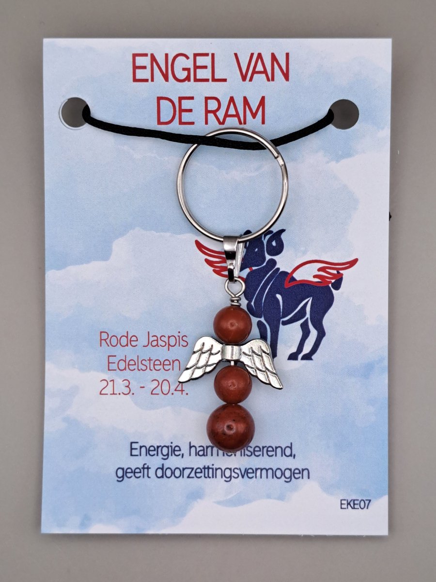 Geluksengel - Sterrenbeeld Ram - Natuursteen Rode Jaspis - een Engeltje voor jou - Edelsteen - Sleutelhanger - Tashanger - Beschermengel - Geluksengeltje - Natuursteen sleutelhanger - Beschermengeltje - Guardian Angel - Sterrenbeeld cadeautje