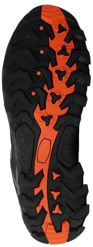 Semelle de chaussures de randonnée vertes et noires avec accents orange.