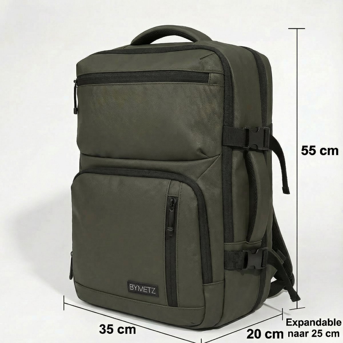 55x35x25 Handbagage Rugzak – Uitbreidbaar van 55x35x20 – Laptopvak – ByMetz® – Olive