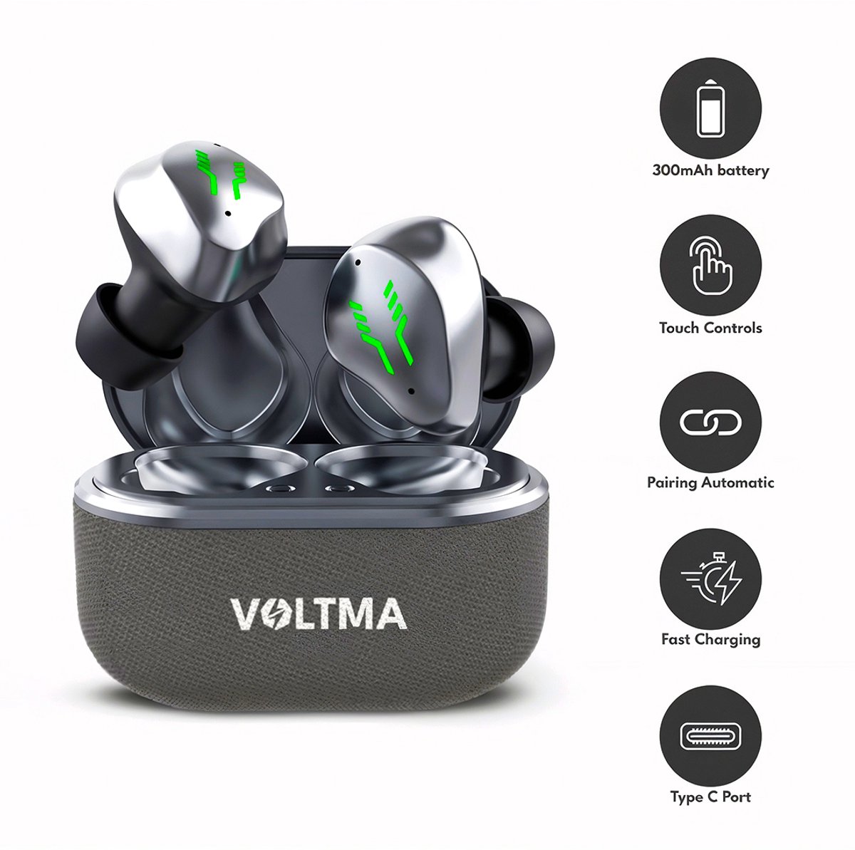Voltma Apex Gaming Oordopjes - Bluetooth 5.4 Draadloze Earbuds - Gaming Headset met touch control en dubbele microfoon - 50ms ultralage latentie voor Gaming - ENC Noise Cancelling - In-Ear Koptelefoon met Dual Mic - IPX5 Waterdicht - Zwart