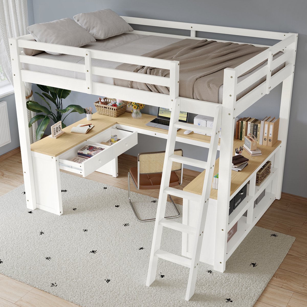 REDOM Hoogslaper 140x200 cm van hout/MDF – Met U-vormig bureau, 2 lades en opbergvak – Wit/Naturel