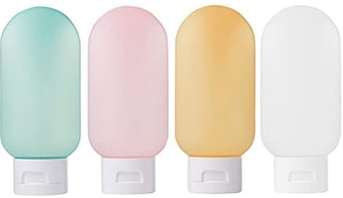 Famanu – 4 stuks lekvrije navulbare knijpbare containers set (60 ml) met label en transparante draagtas voor vloeibare shampoo, zeep en toiletartikelen. (veelkleurig)
