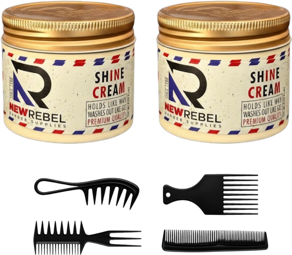 New Rebel Shine Cream Hair Wax – Glanzende Finish – Sterke Hold – 2 x 125 ml + 4 Stylingkammen – Haarwax Mannen