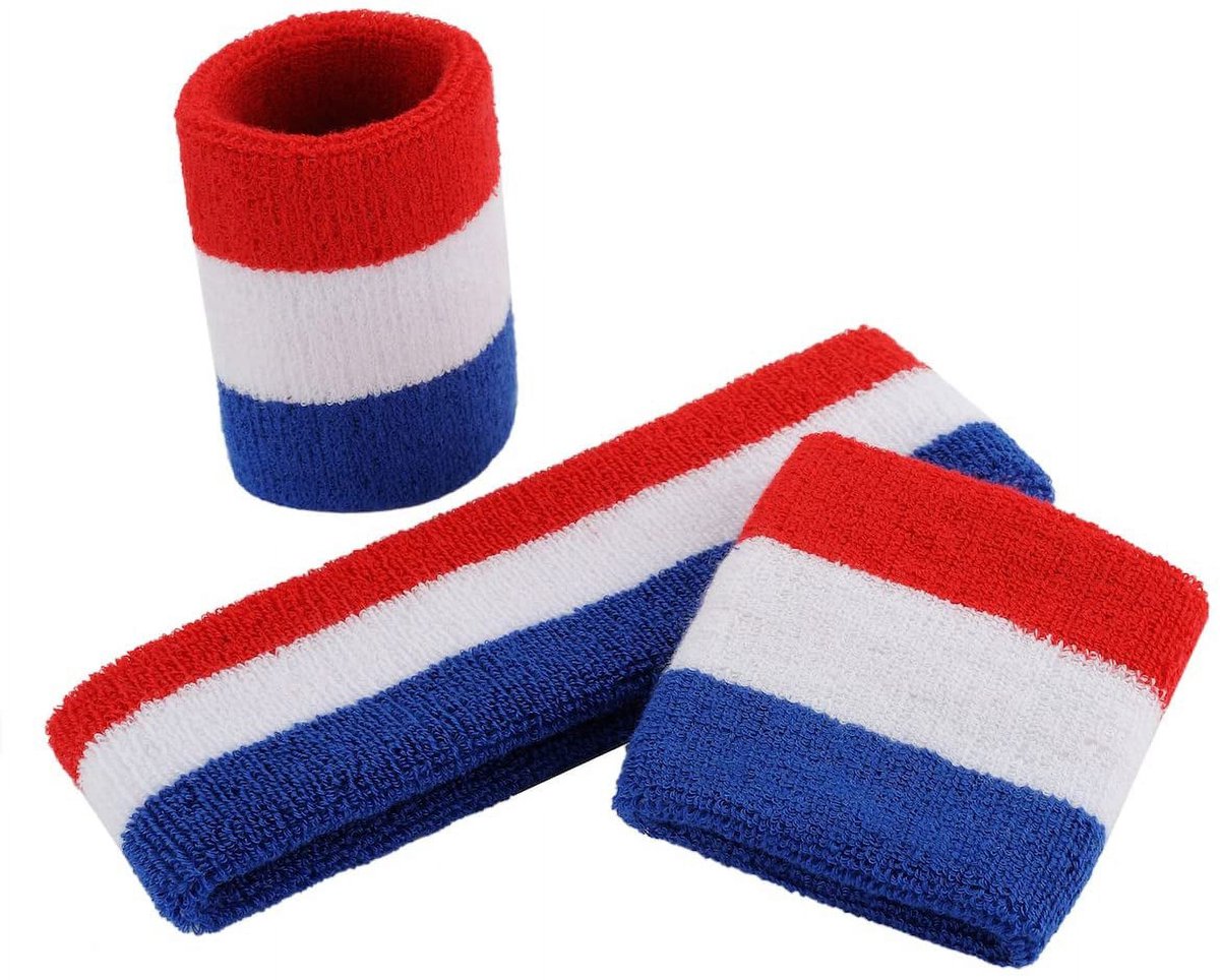 Zweetbandjes set - 3-delig - Sweatbands - Sportbandjes - 1x Hoofdband 2x polsbandjes - Headband - Wristbands - Badstof - Rood/wit/blauw - Nederlandse vlag - Jonyx