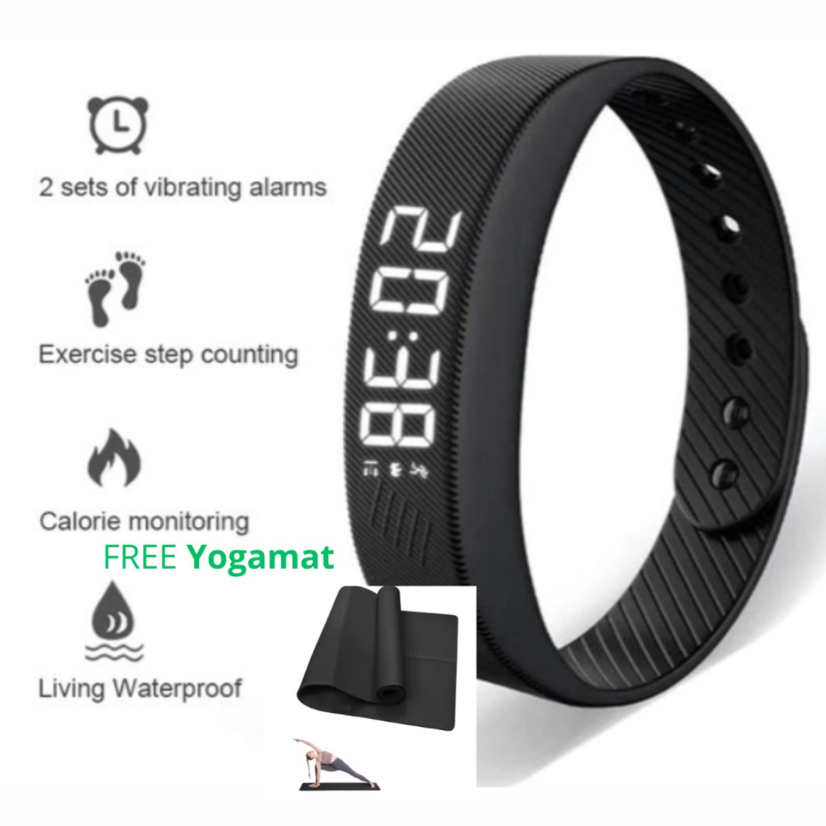 Lila Home Stappen teller horloge + Yogamat – Antislip Fitness- & Pilatesmat – 3/4/6 mm – Voor Yoga, Thuisgym & Vloertraining
