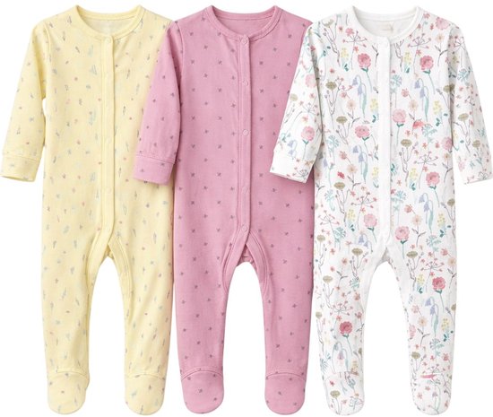 3 Pyjamas Fille - 3 Dors-Bien - Pieds Antidérapants - 100% Coton - Fleurs & Abeilles - Taille 9-12 mois