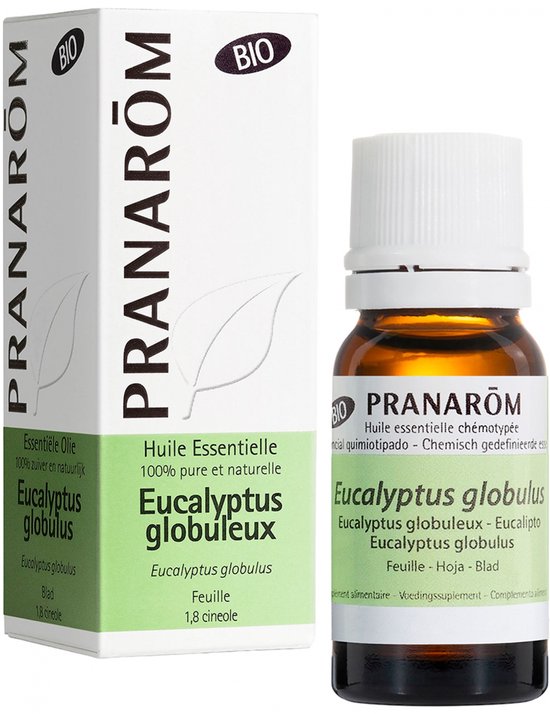 PRANARÔM bio eucalyptus globulus etherische olie 10ml flesje en doosje.