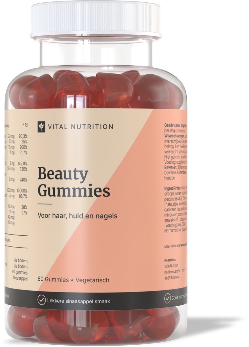 Vital Nutrition Beauty Gummies - Voor huid, haar en nagels - Extra hoog in biotine - Lekkere sinaasappel smaak - 60 gummies