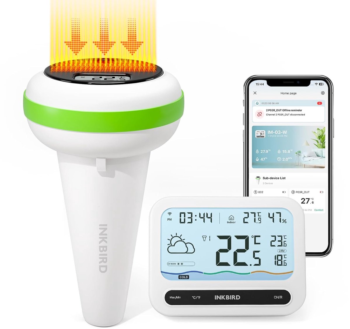 Inkbird IBS-P03R Zonne Wifi Zwembadthermometer met IM-03 Wifi Gateway Combinatieset, Temperatuur-vochtigheids monitor met UV-index, voor zwembad, hot tubs, babybadjes, vijvers