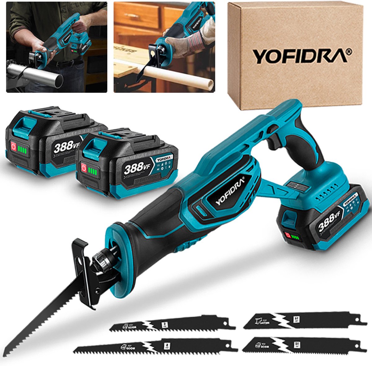 Yofidra Accu Reciprozaag - 3000 SPM Borstelloze Reciprozaag - mit 2 Accu ‘s en 4 zaagbladen - Elektrische Zaagmachine - Voor Hout, Metaal & Kunststof