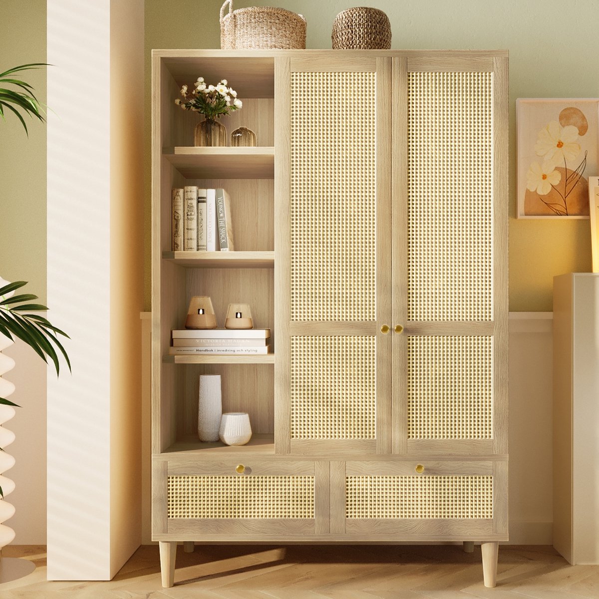 Sweiko Kledingkast - Rieten afwerking - Rustieke stijl - Houtnerf - Open planken - 2 lades - Natuurlijke
