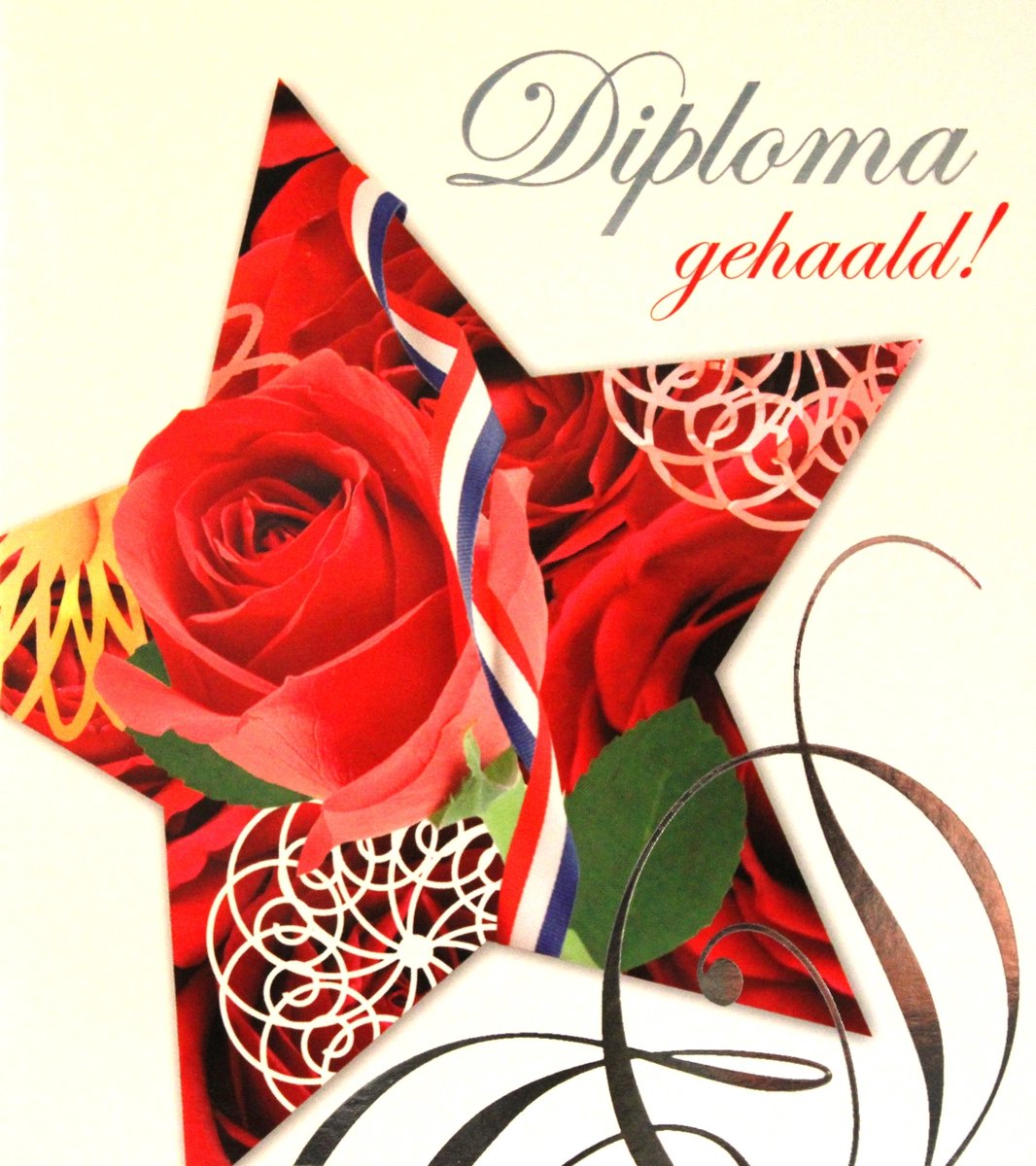 6 Luxe Geslaagd Wenskaarten - Kaart Wens Kaart Examen Geslaagd School Studie Opleiding - Gefeliciteerd Diploma Gehaald Ster Roos - 13.5x12cm - Rood Wit Blauwe Envelop - Art of Cards
