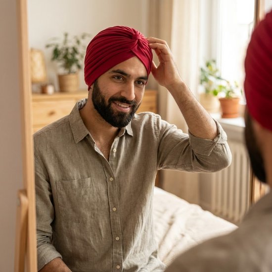 Man met baard in een rode tulband, kijkt glimlachend in de spiegel.